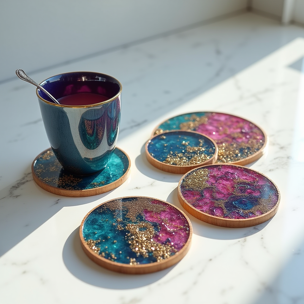 Four round resin coasters with swirling galaxy patterns in deep blue, magenta, and gold glitter, set on a marble surface with a ceramic mug resting on one coaster.