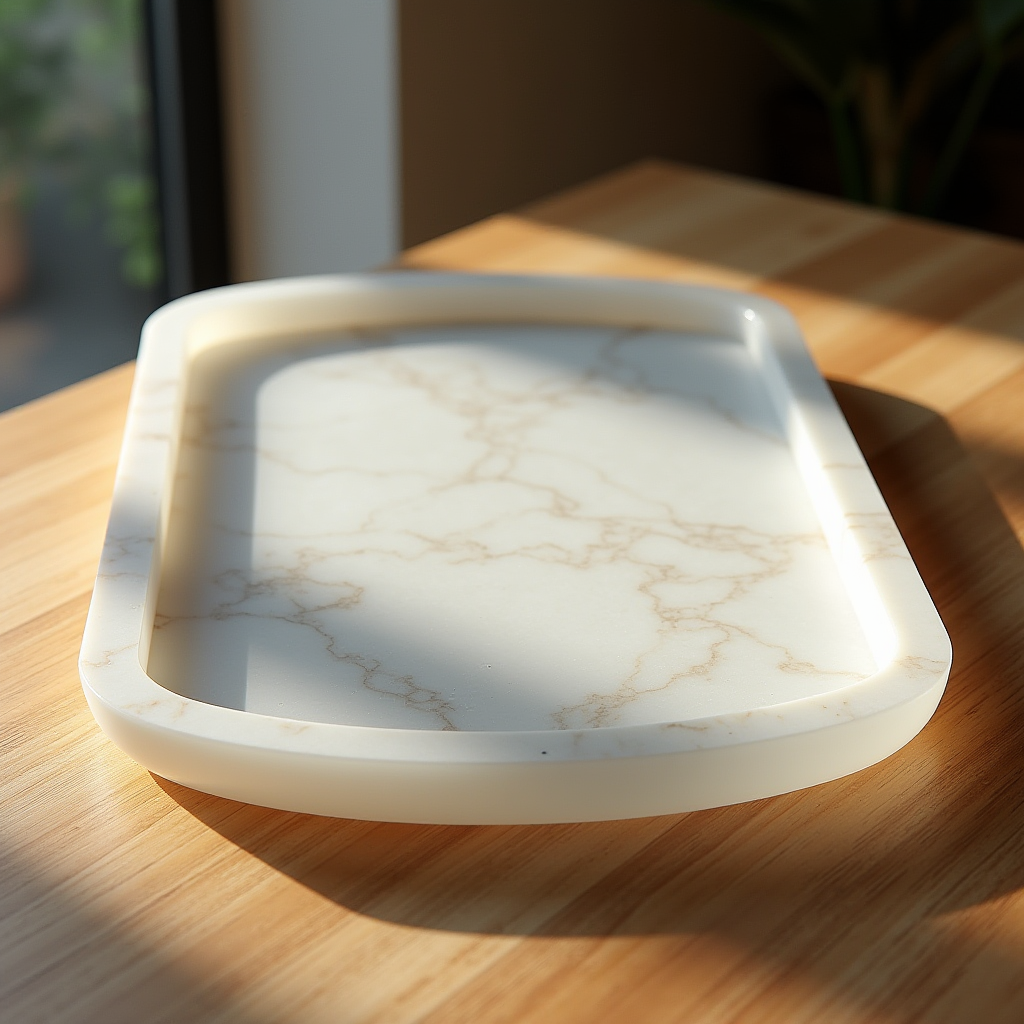 A white resin tray with golden marble veining