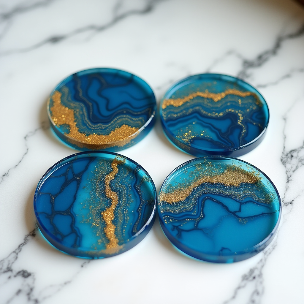 Four round resin coasters with deep blue and gold glitter swirls, arranged on a white marble surface.